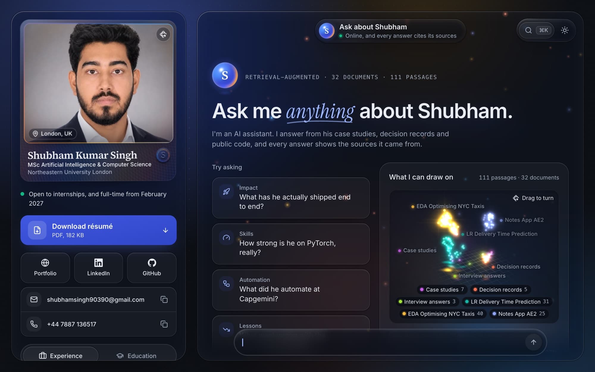 The assistant's welcome screen: suggested questions and the documents it draws on