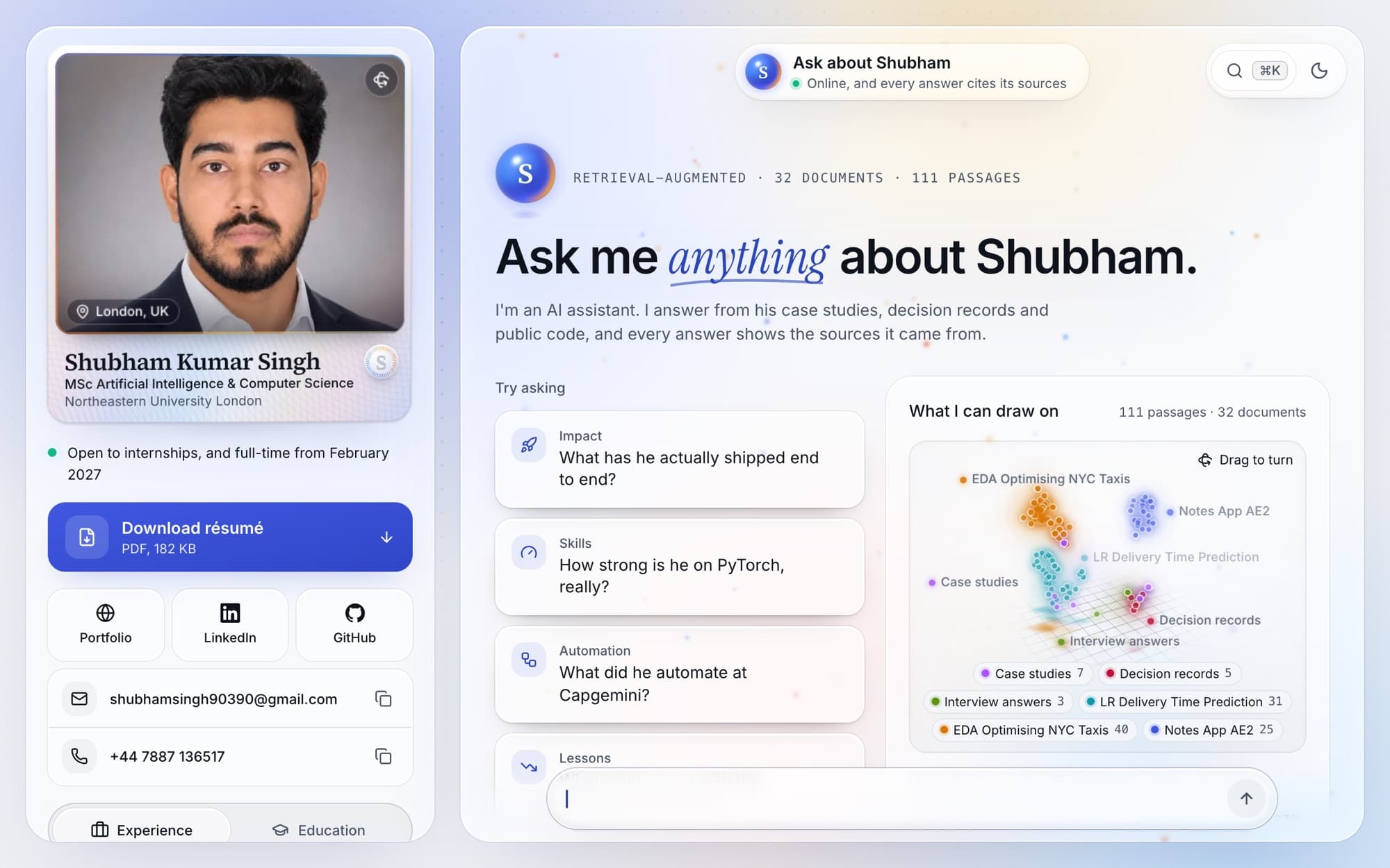 The assistant's welcome screen: suggested questions and the documents it draws on
