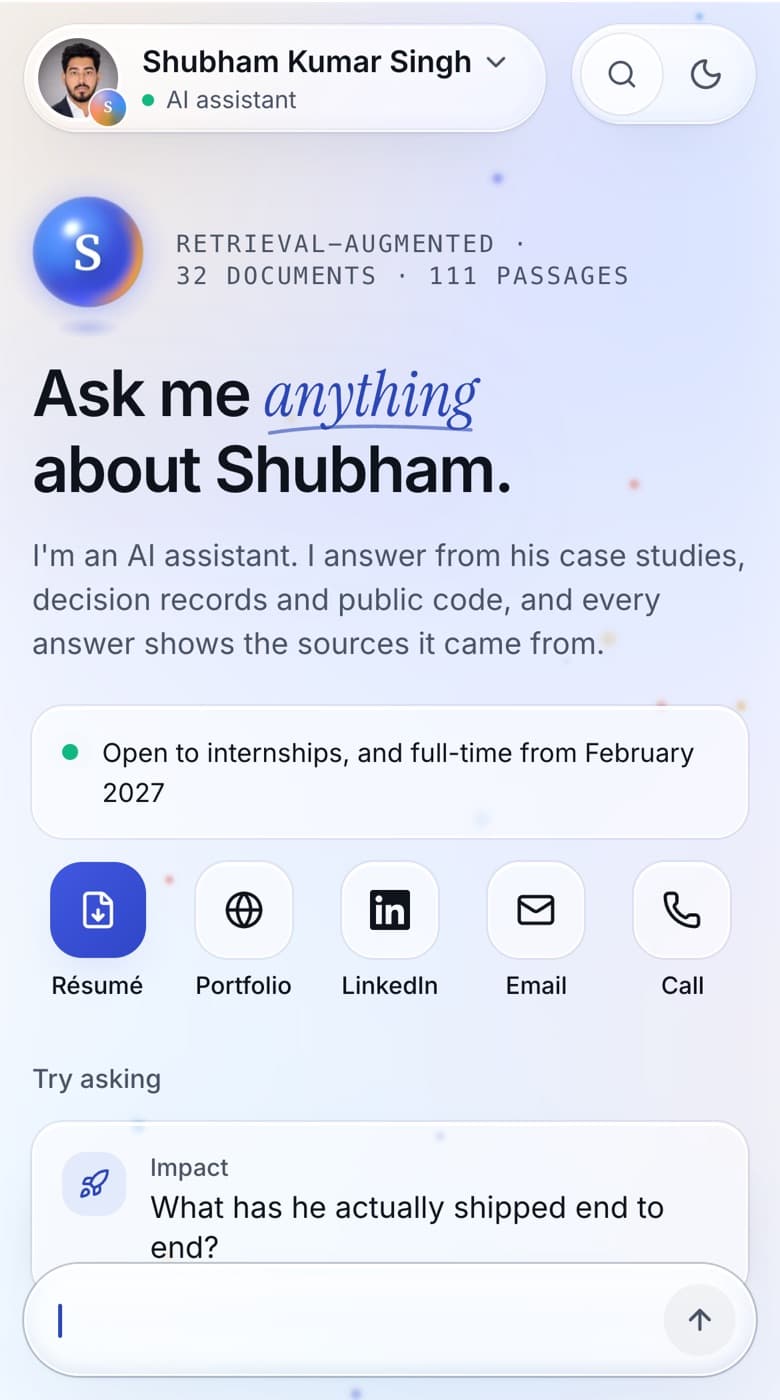 The assistant's welcome screen: suggested questions and the documents it draws on
